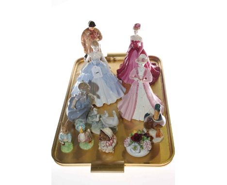 Royal Doulton 'The Shepherd', Beswick duck, Lladro group, three Coalport ladies, three Beatrix Potter figures and posy