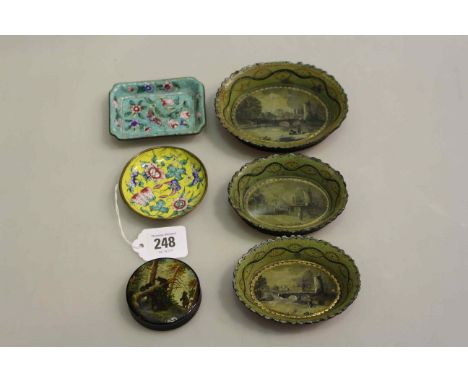 Five small antique decorated dishes, two enamel and three hand painted and bear decorated box (6)