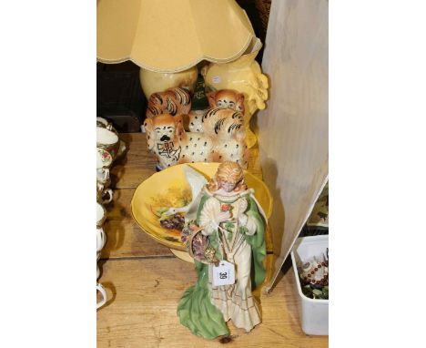 Aynsley Orchard Gold lamp, vase and bowl, Lladro swan, musical figure and pair dogs