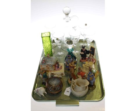 Decanter and goblet set, Royal Doulton Bunnykins money box and figures, Belleek, etc