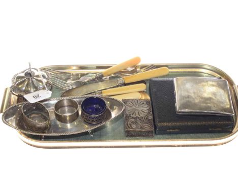 Small tray lot of silver items including oval tray, cigarette case, flatware, table lighter, etc