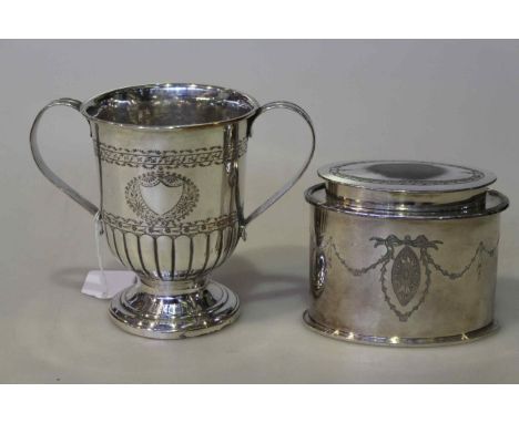 19th Century silver-plated loving cup and a plated caddy by James Dixon