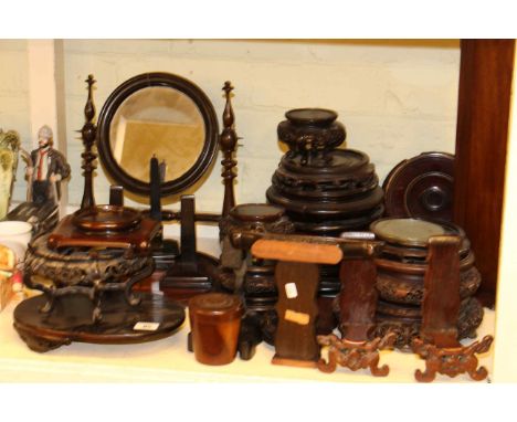 Victorian table mirror, mahogany book trough, circular inlaid tray, collection of Oriental stands, etc
