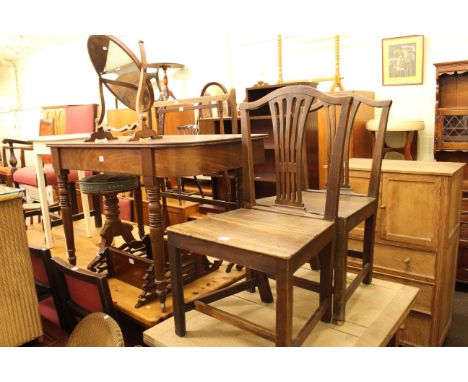 Pair Georgian oak side chairs, Georgian mahogany D-shaped table, revolving tripod piano stool, toilet mirror, wall shelf, two