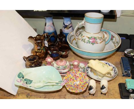 Toilet jug and bowl, copper lustre ware, Maling trinket set, two Beswick sheep, Carlton salad dish, Winton Ware, etc