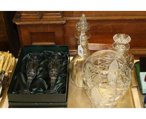 Glass vase, two decanters, pair of boxed champagne flutes and Victorian tea caddy