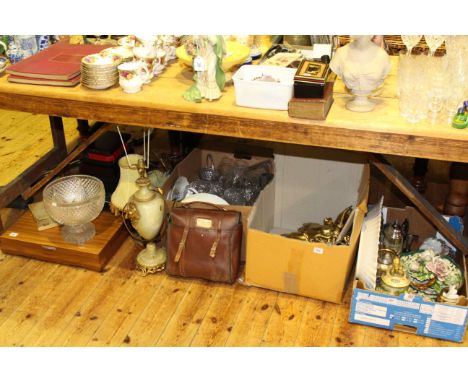 Boxes of glass and china, cherub light fitting, alabaster table lamp, crystal punch bowl, boxes of cutlery, etc