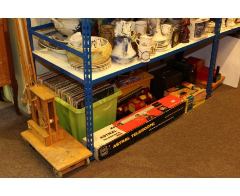 Wooden toy crane and railway engine, LP and single records, Astral telescope, Vulcan child's sewing machine, etc