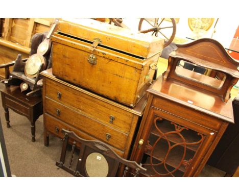 Edwardian inlaid music cabinet, oak three drawer chest, tin trunk, oak coat rack, rosewood banjo barometer, childs rocker and