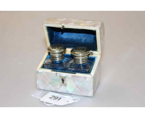 Victorian mother-of-pearl scent bottle case, containing two bottles, 9cm wide
