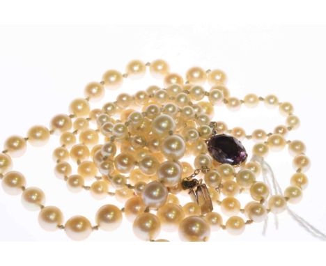 Cultured pearl and amethyst necklace, the one hundred and forty-four graduating cultured pearls each strung knotted onto an o