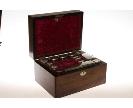 Victorian rosewood and mother of pearl inlaid toilet box with bottles and fittings