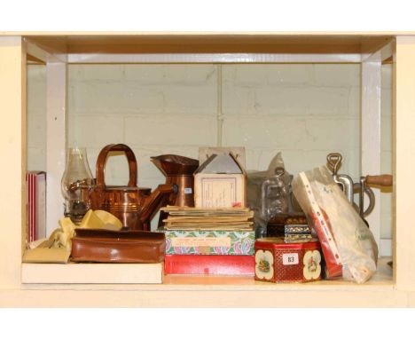 Copper warming can and jug, vintage spectacles, box camera, cigarette cards, jigsaws, coinage, mincers,chinese tea caddy etc
