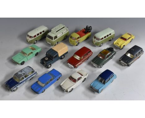 Corgi Toys - 420 Ford Thames Airbourne Caravan, two tone green, 431 Volkswagen Pick-up Breakdown van, green, 434 Volkswagen K