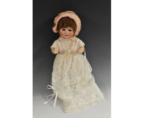 Max Handwerck - a Bebe elite bisque head socket doll, sleeping brown eyes, open mouth, short brown hair wig, composite body a