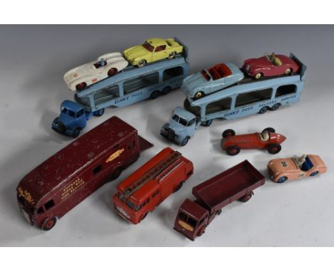 Dinky Toys - a 582 Bedford Pullmore Car Transporter, another 982, both blue, 981 Supertoys Horsebox 259 Bedford Mile Fire Eng