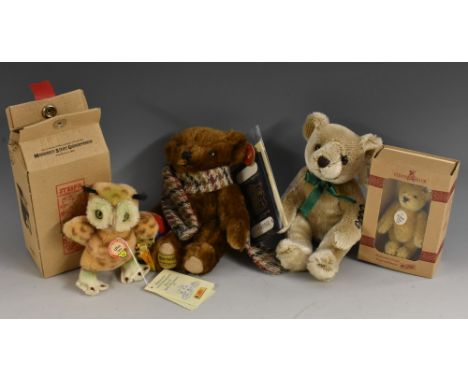 A Steiff miniature club bear, Steiff Club 2001, white tag; another Uhu, Owl, 1954, yellow tag, both boxed; a Merrythought lim