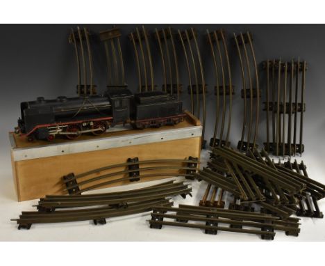 O gauge - a Marklin 20v electric 4-4-0 tinplate locomotive and six wheel tender, black livery, red line detailing, qty three 