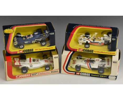 Corgi Toys - 151C, Yardley Maclaren M19A, white, orange decals, Rn 55, stud wheels;  156 Graham Hill Embassy Shadow, red and 