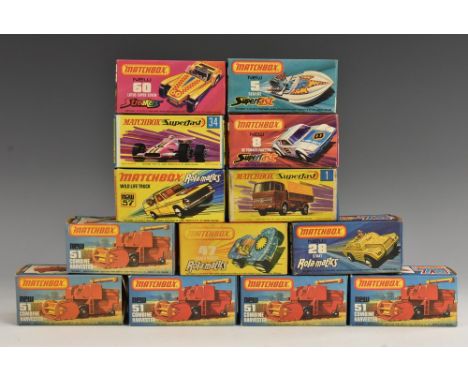 Matchbox 75 - Combine Harvester no.51; 4 more; De Tomaso Pantera no.8, Seafire no.5;  Rolamatics Stoat no.28, Beach Hopper no