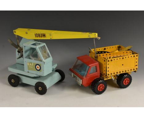 Toys - a vintage Triang toys press steel RAF 1083 folding crane, pale blue body, yellow jib, moulded tyres, boxed;  Meccano t