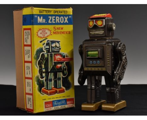 Telsalda Toys - a Japanese tin plate battery operated Mr Zerox Robot, EJ 067. five action movements, realistic noise and firi