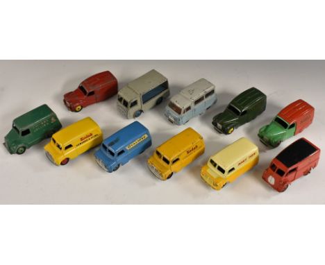 Dinky Toys - Commercial Vehicles, 30V N&gt;C&gt;B Electric Dairy Van, grey, blue deck and hubs, 260 Royal Mail Van, red, blac