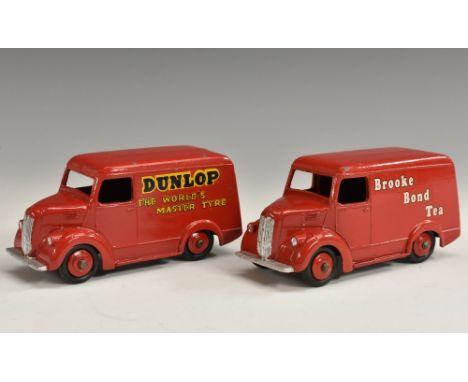 Dinky Toys - Commercial vehicles, Trojan Vans 451 Dunlop, red, 455 Brooke Bond Tea, red, white decals,, both red hubs (2)