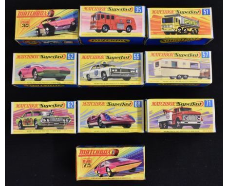 Matchbox Toys 1-75 Superfasts No30 Beach Buggy, No35 Merryweather Fire Engine, No51 8 Wheel Tipper, No52 Dodge Charger No55 P