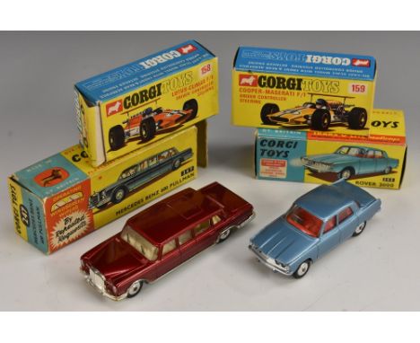 Corgi Toys - 158 Lotus Climax F1 car, red and white, driver controlled steering, suspension, Rn 8; 159 Cooper Maserati, yello