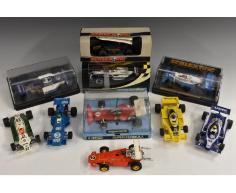 Scalextric - assorted cars inc C26 March Ford 721 STP, red, white wing, boxed, C121 Elf Tyrrell, blue no 3, C129 March Ford 7