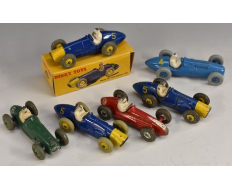 Dinky Toys - Racing Cars, 23G, Cooper Bristol , green, cast hubs, grey tyres, Rn6, 23H, Ferrari blue and yellow, yellow hubs,