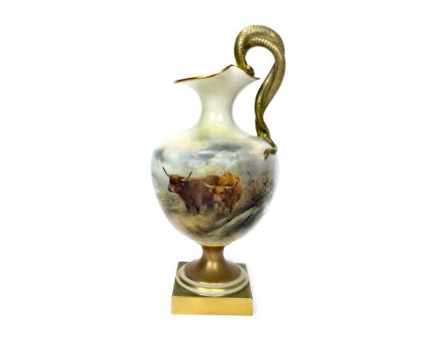ROYAL WORCESTER EWER BY HARRY STINTON, painted with cattle and signed, with intertwined snake handles, printed marks to base,