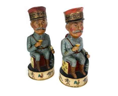 PAIR OF WWI PERIOD WILKINSON CHARACTER JUGS, designed by Sir Francis Carruthers Gould depicting Marshall Foch holding a bottl