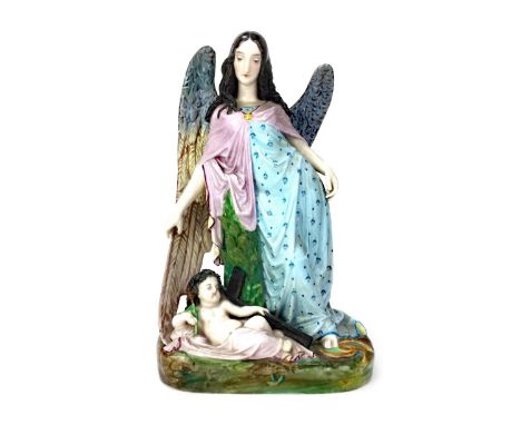 EARLY 20TH CENTURY CERAMIC FIGURE GROUP OF AN ANGEL AND CHRIST CHILD, the child modelled with crown of thorns, crucifix and e