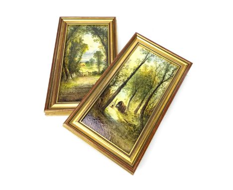WILLIAM YALE, PAIR OF HAND PAINTED CERAMIC PLAQUES, each depicting woodland scenes, 30.5cm x 15.5cm, each framed