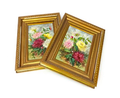 TWO HAND PAINTED CERAMIC PANELS, depicting chrysanthemums, signed A. Keates, 29.5cm x 19.5cm, mounted and framed