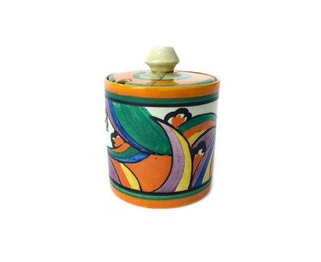CLARICE CLIFF 'COMETS' PATTERN PRESERVE POT AND COVER, the cylindrical pot painted in colours, printed Fantasque and Lawley's