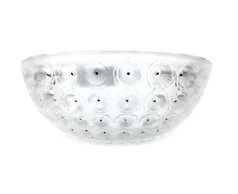 LALIQUE 'NEMOURS' PATTERN GLASS BOWL, decorated with frosted and enamelled flower heads, etched signature, 25cm diameter