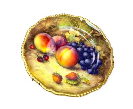 ROYAL WORCESTER CABINET PLATE BY R. SEBRIGHT, the scalloped circular plate hand painted with fruits, within a gilt border, pr