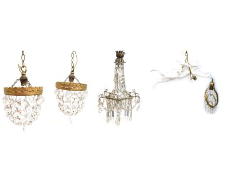 Four 20thC Ceiling lights, comprising a pair of brass single tier crystal chandeliers, a lantern, a plaster wall mounted cher