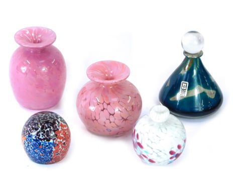 Five items of Mdina glass, comprising two pink vases, 11cm and 10cm respectively, multi coloured domed paperweight, pink, blu