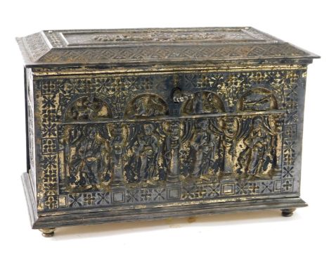 A Continental silver plated caddy, with applied and banded religious scenes, on bun feet, with a wooden lined interior, 16cm 