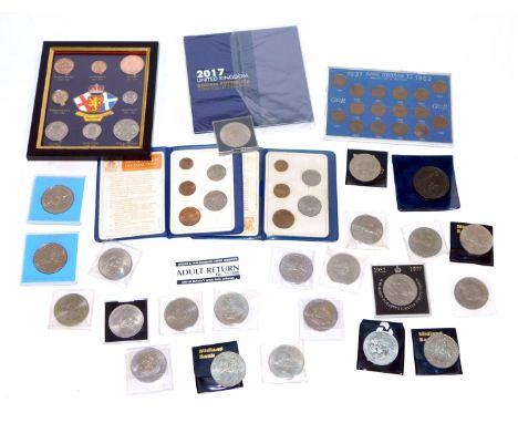 A group of commemorative coins, to include Churchill, Queen Elizabeth Silver  Jubilee, 1971 coin pack, two Britain's First De