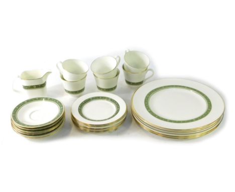 A Royal Doulton Rondelay pattern part tea and dinner service, comprising six cups and saucers, milk jug, six side plates and 