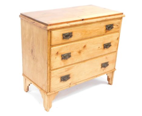 A Victorian stripped pine chest of three drawers, with Art Nouveau style metal handles, on bracket feet, 80cm high, 91cm wide