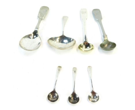 Silver and silver plated caddy and preserve spoons, comprising two silver caddy spoons, one with enlarged bowl, three silver 