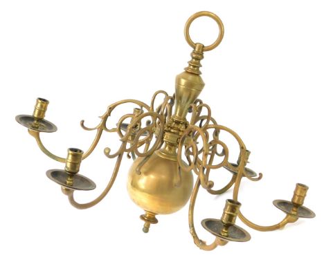 A brass six branch hanging chandelier, 45cm high.