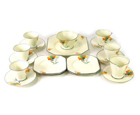 A Palissy Art Deco part tea service, with black line border and handles, an orange, yellow and green square design, comprisin