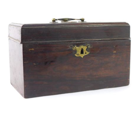 A late 19thC plain rosewood tea caddy, with a brass swing handle and escutcheon, and a three sectional fitted interior, 14cm 